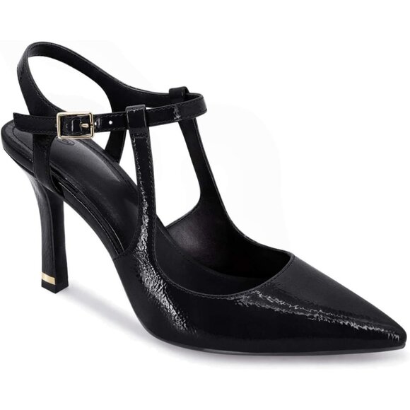 Coutgo Women's Black Pointed Toe Ankle Strap Patent Leather Stiletto High Heels - Picture 1 of 5